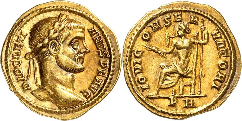 EMPIRE ROMAIN
Diocletien (284-305). Aureus 289-290, Trèves.
Av. Buste lauré à ...