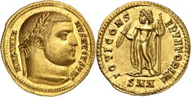 EMPIRE ROMAIN
Galère (305-311). 305-306, Nicomédie.
Av. Tête laurée à droite. Rv. Jupiter debout à gauche.
Cal. 4926v. 5,45 g.
Exemplaire parfait,...