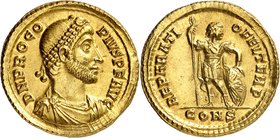 EMPIRE ROMAIN
Procope (365-366). Solidus 365, Constantinople.
Av. Buste drapé et diadémé à droite. Rv. Procope tenant une lance de sa main droite et...