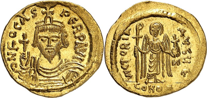 EMPIRE BYZANTIN
Phocas (607-610). Solidus, Constantinople.
Av. Buste couronné,...