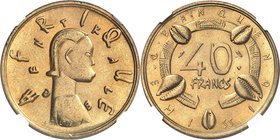 AFRIQUE CENTRALE
40 francs non daté (1958) essai en bronze-alu par Galti
Av. Tête nue à droite. Rv. Valeur entouré d’un bracelet sur lequel sont pos...