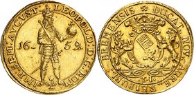 ALLEMAGNE
Brême, ville Libre. 2 ducats 1659.
Av. Léopold debout à droite. Rv. Armes tenus par deux lions.
Fr. 411. 7,01 g.
Provenance : vente OGN ...