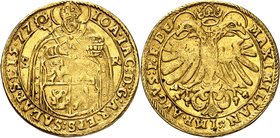 AUTRICHE
Salzbourg, Jean Jacob Khuen de Belasi, avec Rodolphe II. (1560-1586). Double ducat 1577.
Av. Saint Rupert debout de face. Rv. Aigle bicépha...