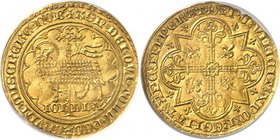 BELGIQUE
Brabant, Jean et Wenceslas (1355-1383). Double mouton d’or, Vilvorde.
Av. Agneau pascal à gauche, la tête tournée à droite, dans un polylob...
