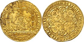 BELGIQUE
Flandres, Louis de Mâle (1346-1384). Heaume d’or, Gand.
Av. Écu surmonté d’un heaume. Rv. Croix feuillue.
Del. 462, Fr. 159. 6,66 g.
NGC ...