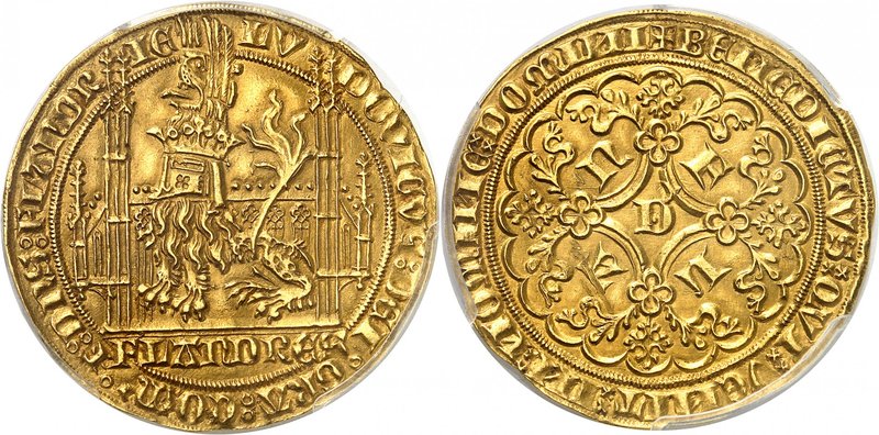 BELGIQUE
Flandres, Louis de Mâle (1346-1384). Lion heaumé, Gand.
Av. Lion coif...