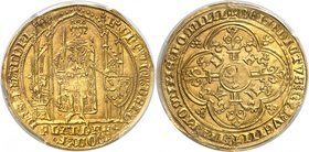 BELGIQUE
Flandres, Louis de Mâle (1346-1384). Franc à pied, Gand.
Av. Le roi, couronné, debout sous un dais, portant une cotte d’armes fleurdelisée ...