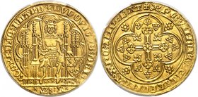 BELGIQUE
Flandres, Louis de Mâle (1346-1384). Écu d’or à la chaise.
Av. Le roi assis dans une stalle gothique, couronné, vêtu d’un haubert et d’une ...