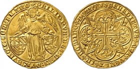 BELGIQUE
Flandres, Philippe le Hardi (1384-1405). Ange d’or, Bruges.
Av. Ange tenant deux écussons. Rv. Croix feuillue cantonnée de quatre lions.
D...