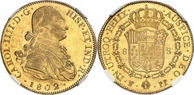 BOLIVIE
Charles IV (1788-1808). 8 escudos 1808 PTS, PP, Potosi.
Av. Buste habillé à droite. Rv. Écu couronné.
Fr. 14.
Top Pop : Exemplaire le plus...