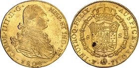 BOLIVIE
Charles IV (1788-1808). 8 escudos 1808 PTS, PJ, Potosi.
Av. Buste habillé à droite. Rv. Écu couronné.
Fr. 14. 27,03 g.
Deuxième plus haut ...