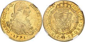 COLOMBIE
Charles IV (1788-1808). 8 escudos 1791 P, SF, Popayan.
Av. Buste habillé à droite. Rv. Écu couronné.
Fr. 52.
PCGS MS 61. Superbe
