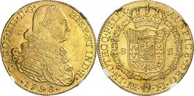 COLOMBIE
Charles IV (1788-1808). 8 escudos 1798, NR-JJ, Bogota.
Av. Buste habillé à droite. Rv. Écu couronné.
Fr. 51.
PCGS MS 61. Type peu commun ...