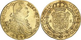 COLOMBIE
Charles IV (1788-1808). 8 escudos 1802 NR-JJ, Nuevo Reino.
Av. Buste habillé à droite. Rv. Écu couronné.
Fr. 51. 27,11 g.
NGC MS 63. Magn...
