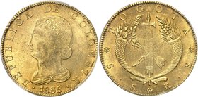 COLOMBIE
République. 8 escudos 1835, Bogota.
Av. Buste de la liberté à gauche. Rv. Un arc et des flèches sur un faisceau dans une couronne composée ...