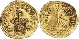 ESPAGNE
Wisigoth, Leovigild (569-586). Trémissis, Toléde.
Av. Buste à droite. Rv. Victoire.
Ch. 81. 1,35 g.
TTB à Superbe