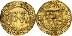 ESPAGNE
Ferdinand et Isabelle (1474-1504). Double excellente T, Tolède.
Av. Bustes affrontés. Rv. Écu couronné.
Fr. 130. 6,94 g.
Beau style, flan ...