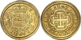 ESPAGNE
Charles II (1665-1700). 8 escudos 1687 (sur 3), Ségovie.
Av. Armoiries couronnées. Rv. Croix dans un quadrilobe.
Calicó 37, Fr. 219.
Seul ...