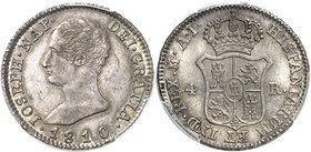 ESPAGNE
Joseph Napoléon (1808-1813). 4 reales 1810, Madrid.
Av. Tête nue à gauche. Rv. Écu couronné.
Cal. 24.
Seul exemplaire gradé.
PCGS MS 63. ...