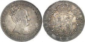 ESPAGNE
Isabelle (1833-1868). 80 reales 1839 CL, Madrid.
Av. Tête diadémée à droite. Rv. Écu couronné.
Cal. 164.
Seul exemplaire gradé.
PCGS VF 3...