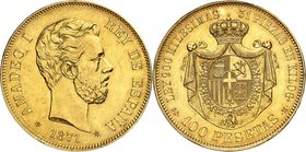 ESPAGNE
Amadeo I (1871-1873). 100 pesetas 1871 (71), Madrid SDM, or jaune, L. Marchionni.
Av. Tête à droite. Rv. Ecu couronné.
Cal. 1, Fr. 340.
To...