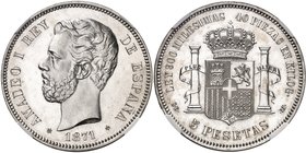 ESPAGNE
Amadeo I (1871-1873). 5 pesetas 1871 (71), frappe de présentation sur flan bruni.
Av. Tête à gauche. Rv. Ecu couronné.
Km. 666.
PCGS PR 62...