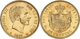 ESPAGNE
Alphonse XII (1874-1885). 25 pesetas 1885, Madrid.
Av. Tête à droite. Rv. Écu couronné.
Fr. 342. 8,05 g.
Rare, TTB à Superbe