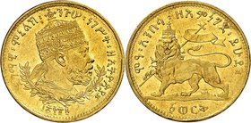 ETHIOPIE
Ménélik II (1889-1913). Werk 1889 (1897), Addis Abeba.
Av. Buste couronné à droite. Rv. Lion couronné à gauche.
Fr. 21. 5,47 g.
Presque S...