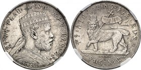 ETHIOPIE
Ménélik II (1889-1913). 1/2 birr 1889 (1895)
Av. Buste couronné à droite. Rv. Lion couronné à gauche.
Km. 4.
NGC MS 61. Seulement 200 exe...