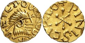 FRANCE / MEROVINGIENS
Roi Dagobert Ier (623-639). Triens, frappé à Poissy.
Av. Buste à droite. Rv. Étoile à six branches.
Prou manque. Provenance :...