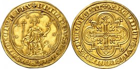 FRANCE
Philippe IV (1285-1314). Masse d’or, émission du 10 janvier 1296.
Av. Le roi assis de face en majesté, tenant le sceptre et une fleur de lis....