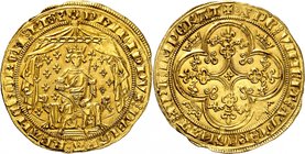 FRANCE
Philippe VI (1328-1350). Pavillon d’or, émission du 8 juin 1339.
Av. Le roi assis de face sur un trône, couronné, tenant le sceptre, sous un ...