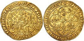 FRANCE
Philippe VI (1328-1350). Pavillon d’or, émission du 8 juin 1339.
Av. Le roi assis de face sur un trône, couronné, tenant le sceptre, sous un ...