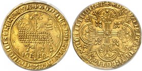 FRANCE
Jean II le Bon (1350-1364). Mouton d’or.
Av. Agneau pascal à gauche, la tête tournée à droite, dans un polylobe, légende circulaire. Rv. Croi...