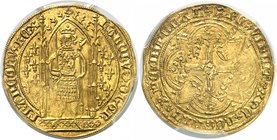 FRANCE
Charles V (1364-1380). Franc à pied, 20 avril 1365.
Av. Le roi, couronné, debout sous un dais accosté de lis, portant une cotte d’armes fleur...