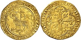 FRANCE
Charles VI (1380-1422). Agnel d’or.
Av. Agneau pascal à gauche, la tête tournée à droite, dans un polylobe, légende circulaire. Rv. Croix tré...