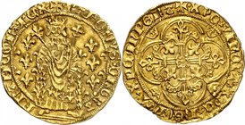 FRANCE
Charles VII (1422-1461). Royal d’or première émission Point 11 ème, Saint-Pourçain.
Av. Le roi debout de face, couronné, vêtu d’une robe et d...