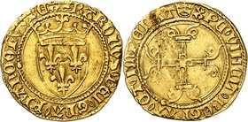 FRANCE
Charles VII (1422-1461). 1/2 écu d’or au soleil, Paris.
Av. Écu de France couronné. Rv. Croix.
Dup. 513C. Fr. 308. 1,69 g.
TB à TTB