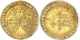 FRANCE
Henri VI d’Angleterre (1422-1453). Angelot d’or, Troyes.
Av. L’archange tenant les écus de France et France-Angleterre. Rv. Croix accostée d’...