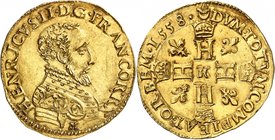 FRANCE
Henri II (1547-1559). Double henri d’or 2ème type, 1558 K, Bordeaux.
Av. Buste cuirassé à droite. Rv. Croix formée de 4 H couronnés, au centr...