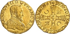 FRANCE
Charles IX (1560-1574). Henri d’or au nom d’Henri II 1561 C, Saint-Lo.
Av. Buste cuirassé à droite. Rv. Croix formée de quatre H.
Dup. 971, ...