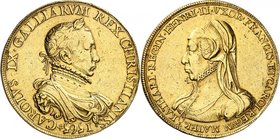 FRANCE
Charles IX (1560-1574). Médaille en or 1565 à l’effigie du roi et Catherine de Médicis, par G. Martin.
AV. Buste lauré et habillé à droite. R...