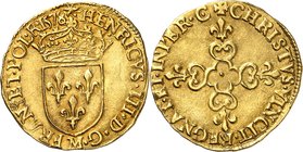 FRANCE
Henri III (1574-1589). Ecu d’or 1578 M, Toulouse.
Av. Écu de France couronné. Rv. Croix fleurdelisée.
Dup 1121 Fr. 386. 3,34 g.
Atelier peu...