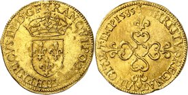 FRANCE
Henri III (1574-1589). Ecu d’or 1585 B, Rouen.
Av. Écu de France couronné. Rv. Croix fleurdelisée.
Dup. 1121, Fr. 386. 3,39 g.
Légères faib...