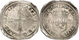 FRANCE
Charles X (1589-1590). 1/4 écu Ier type 1590 LA, Laon, piéfort en argent sur flan octogonal.
Av. Écu couronné. Rv. Croix fleurdelisée, avec f...