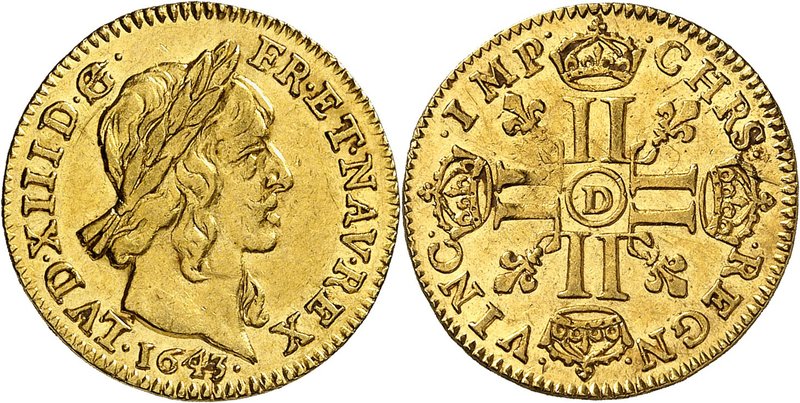 FRANCE
Louis XIII (1610-1643). 1/2 louis d’or à la mèche longue 1643 D, Lyon.
...