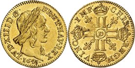 FRANCE
Louis XIII (1610-1643). 1/2 louis d’or à la mèche longue 1643 D, Lyon.
Av. Tête laurée à droite. Rv. Croix formée de huit L adossés et couron...