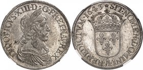 FRANCE
Louis XIII (1610-1643). Écu de 60 sols, deuxième poinçon de Warin 1643, Paris, rose.
Av. Buste lauré et drapé à droite. Rv. Écu de France cou...
