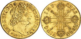 FRANCE
Louis XIV (1643-1715). Double louis d’or aux 8 L et aux insignes 1702 K, Bordeaux, flan neuf.
Av. Tête laurée à droite. Rv. Croix formée de h...