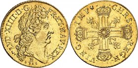 FRANCE
Louis XIV (1643-1715). Double louis d’or au soleil 1711, Besançon 
Av. Tête laurée à droite. Rv. Croix formée de huit L adossés, couronnés.
...